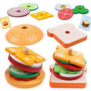 W21Wooden Burger Sandwich Stacking Toys For Toddler Kids Preschool Learning Educational Toys Pretend Play Food Kitchen Toys Gift