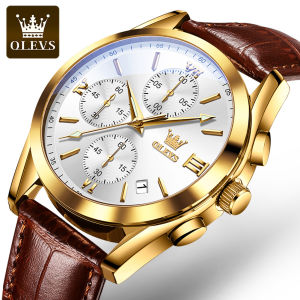 OLEVS Fashion Mens Watches Luxury Brand Original Hot Sale Waterproof Casual Leather Strap Quartz Waterproof Watch For Male Multifunctional Chronograph Phnom Penh Dial Luminous Date Rose Gold Shell Business Watches 2872
