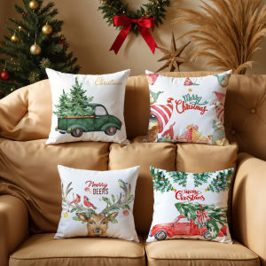 Christmas Pillowcase Single Pack 25 Styles Optional 40x40/45x45/50x50cm with Watercolor Christmas Tree Christmas Elf Retro Truck Reindeer and Other Fresh Patterns Sofa Cushion Cover Winter Home Decoration Pillowcase Holiday Gift Decoration Fabric Art