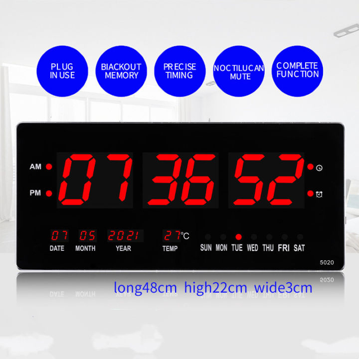 48*22*3cm Large Electronic Wall Clock Alarm Hourly Chiming Calendar TEMP Poweroff Memory Table
