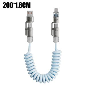 4 in 1 120W Fast Charging Cable with LED Light Spring Retractable USB Type C to Type C Data PD Cable For iPhone 17 Samsung Laptops