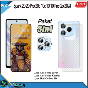 Paket 3in1 Tempered Glass Esd Spy Tecno Spark 20 20 Pro 20c 10c 10 10 Pro Go 2024 Full Cover