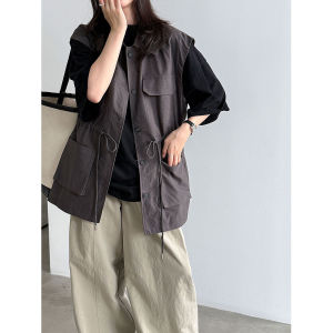 2026 Early Fall Women Cargo Vest Drawstring Waist Cinched Sleeveless Top With Pockets