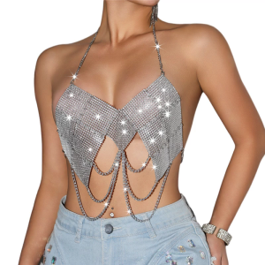 Women Sparkly Rhinestones Mesh Tank Top See Through Hollow Out Crop Top RavesPartyClubwears Halters Camisole Top