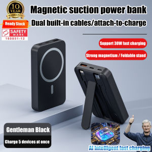 Virginex In stock Magnetic suction power bank with stand and cable Magnetic Wireless 20000mAh PowerBank For iPhone 15 14 13 12 Pro Built In Dual-Cable 22.5W PowerBank 带线的磁吸支架充电宝