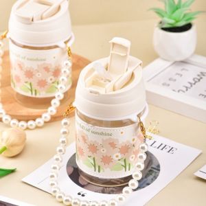 Fashion Flower Pattern Coffee Mug With Pearl Hand Necklace Glass Cup Water Cup Gift