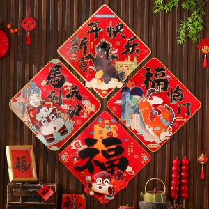 OKDEALS01 3D Cartoon 2026 Horse Year Door Stickers Chinese Style Traditional Paper Fu Character Sticker Lucky Word Decal Blessing Word Spring Festival Decoration Lunar New Year