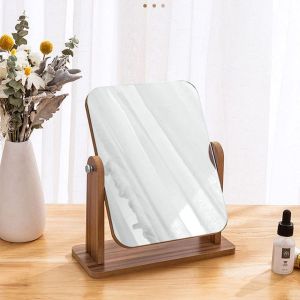 HD Vanity With Wooden Base Girl Bedroom Dressing Table Makeup Mirror 360° Rotatable Desktop Shaving Mirror Free Standing Rectangular Decorative Ornaments Simple Interesting