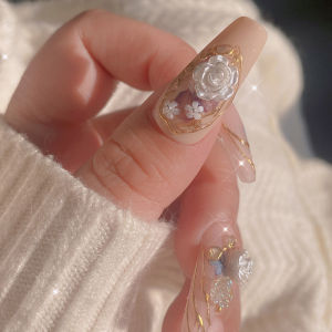 PINPAI Elegant AB Color White Camellia Flower Nail Decorations Rhinestones Crystal Gold Silver Beads Nail Art Decoration Accessories