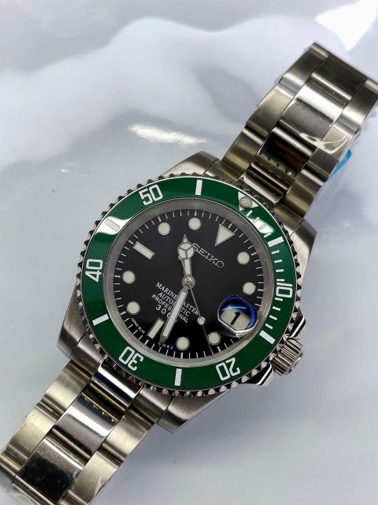 Custom Seiko NH35 Movement Green Sub Black Dial Mod 40mm Solid