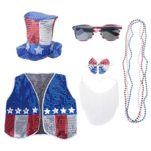 6Pcs Patriotic Costume Set and Accessories for Independence Day Party Gathering with Vest Bowtie Necklace for Festival