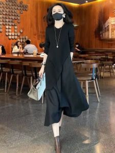 Black Fake Two Piece Dress Round Neck Long Sleeve Womens Slim Dresses