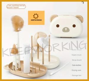 KEEPWORKING Baby Bottle Brush Travel Bottle Cleaner Kit with Extendable Silicone Bottle Brush Nipple Brush Straw Cleaning Brush Bottle Drying Rack and Soap Dispenser Baby Travel Essential for Newborn & Moms