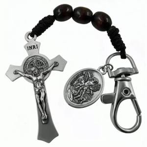 TALISMAN4U Catholic Rosary Keychain for Car St Benedict Cross Saint Michael Guardian Angel Medal Pocket Rosary Key Chain Religious Accessory Wood Beads