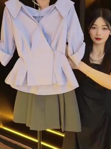 Oblique Button V-Neck Short-Sleeved Shirt Female Summer Fashion Irregular Temperament Shirt Pleated Slim Top