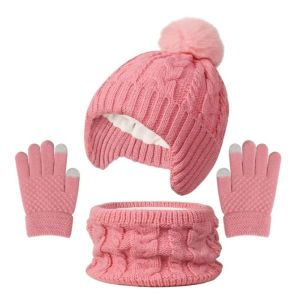 CIEGGG Màu sắc đồng nhất Bộ mũ khăn và găng tay cho bé Tai Ấm Pompom dễ thương Bộ mũ trẻ em Thường ngày Dày hơn Mũ len cho trẻ mới biết đi Ngoài trời