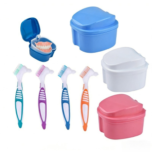 Denture Clean Set With Hanging Net Denture Bath Box Denture Clean Brush False Teeth Storage Box