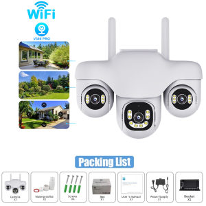 V380 Triple Lens CCTV Camera 15MP Connect to Cellphone with voice Outdoor Waterproof 3 Screens View Wifi 4G SIM Card