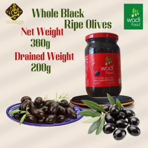 Wadi Food Whole Black Ripe Olives /Whole Natural Green Olives/ 360gm Net Weight / Drained Weight 200gm / Zaitun Hitam / Preserved Whole Black Ripe Olives / Buah Zaitun Hitam / Preserved Vegetables / Preserved Olives / Natural / High Quality