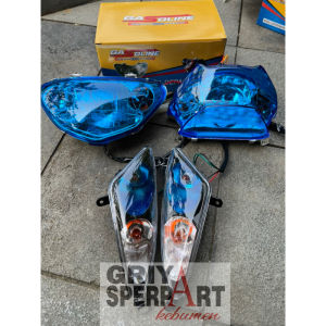 paket 3 item reflektor lampu depan mio sporty lama old  lampu belakang Led dan sen model mx blue