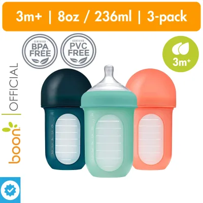 Boon Set of 3 Nursh Silicone Baby Feeding Bottle (with Pouches) | 8oz/236ml | BPA-Free | Mint Cantaloupe & Navy