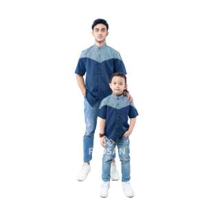 Koko Couple Batik Ayah dan Anak Kemeja Pria Dewasa Lengan Pendek Bahan Kain Katun Import Emran Series Warna Navy Fadsan