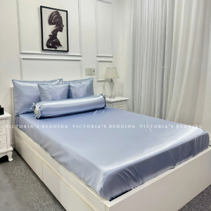 Bộ Chăn Ga Phi Lụa Victorias Bedding Màu Xám Ánh Xanh Chính Hãng Korea