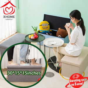 XHOME【Philippines Local+COD】30*15*15inches Foldable Storage Chair/Storage Stool Large Size Footrest Seat Versatile Space Saving Multi-purpose Foldable Sturdy Linen Home Organizer Storage Box with Cushion Lid as Chair Seat