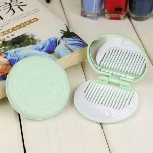 PTK52 Mini 2 in 1 Comb Mirror Set Pocket Mirror Folding Comb Chocolate Cookie Shaped Cartoon Cute Makeup Mirror with Comb Set Girl Gift