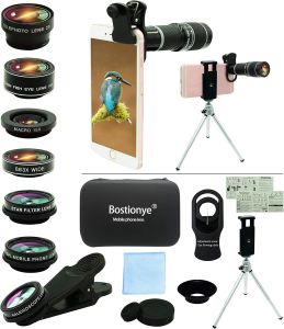 Cell Phone Camera Kit11 in 1 Universal 20x Telephoto 0.63Wide Angle 15X Macro 198 ° Fisheye 2X Telephoto Kaleidoscope CPL Starlight Eyemask Tripodfor Most iPhone Smartphone (Black)