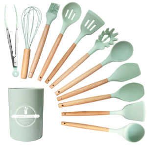 12PCS Silicone Kitchen Utensils Heat-resistant Nonstick Utensils Wooden Handle Cooking Set