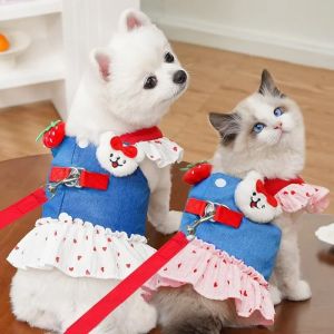 CUTE ELVES Heart Print Dog Harness Dress with Leash Cute Pet Dress Fashion Pink Strawberry Denim Puppy Princess Skirt For Small Dog Cat