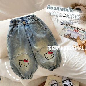 Christmas gifts Halloween Girls Korean Version Cartoon Hello Kitty Jeans Sanrio Autumn New Childrens Stylish Loose Versatile Casual Outer Wear Pants