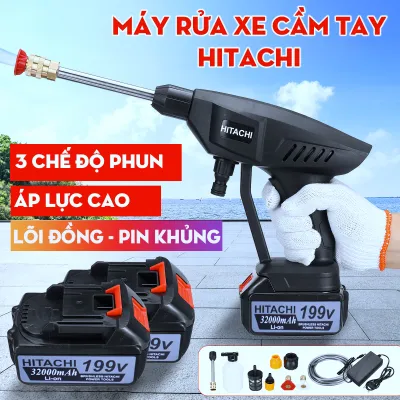 [ HÀNG NHẬT BÃI ] Máy rửa xe mini cầm tay Hitachi 199V Áp lực mạnh pin sạc bền bỉ cao áp máy xịt rửa xe gia đình hitachi có bình tạo bọt pin trâu giá rẻ full box phụ kiện - Bảo Hành 1 Năm