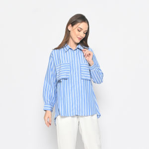 QUEENTIN Kemeja Long Back Wanita 0188 Katun Polymicro Motif Salur Lengan Panjang