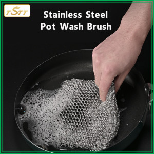 High Quality Stainless Steel Pot Wash Brush Cleaner Cast Iron Cleaner Kitchen Rust Pot Pans Net Cleaning Scrubber Steel Rust Remover Brush Metal Cleaning Brush