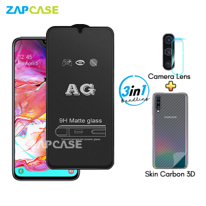 Samsung A70 A70s PAKET 3in1 Tempered Glass Anti Glare Free Camera Lens dan Skin Carbon
