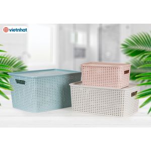 Giỏ Nhựa Đựng Đồ Có Nắp VIỆT NHẬT 3386/87/88 Rổ Nhựa Đan Mây Đựng Quần Áo - TADAHOME