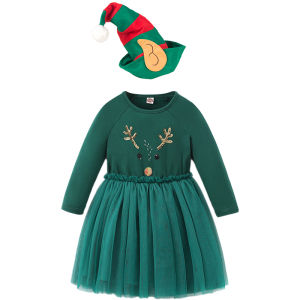 ชุดผ้าทูลกวางเรนเดียร์สำหรับเด็กชุดเสื้อผ้าสีแดง/เขียวประดับด้วยชุดปาร์ตี้ซานต้า/หมวกเอลฟ์คริสต์มาส