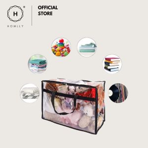 Homlly Clear Zippered Storage Organizer Moving Bags with Reinforced Handle (55L)