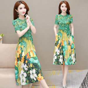 Green Dress Printing Dress Retro For Plus Size Dress Skin Friendly Round Neck Casual Dress Mature Midi Dress Leaf green Dress