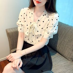 AMMIN 2025 Summer New French Style V-neck Bow Thin Belt Design Small Love Floral Print Chiffon Shirt Womens Sweet Bubble Sleeve Short Sleeve Elegant Blouse