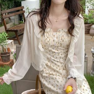ONERVGY Skirt Dress Accessories Retro Thin Scarves Summer Female Wraps Ruffle Poncho Wrapped Short Top Coat Lace Cardigan Korean Style Shawl Sunscreen Shawl