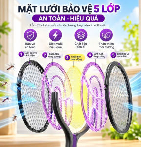 Vợt Diệt Muỗi Điện 2800V Lưới 5 Lớp – Vợt Bắt Muỗi Kéo Dài 106cm Xoay 90° Pin 1600mAh