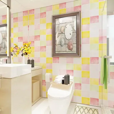 สติกเกอร์ Self Adhesive Wallpaper ติดผนังหนาสีสันสดใสรูปลอกกันน้ำมันสำหรับห้องน้ำ