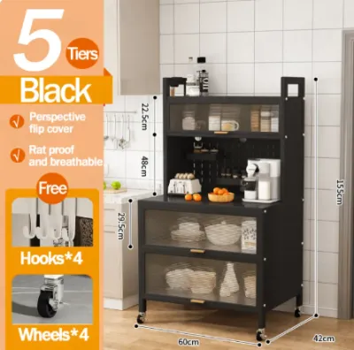4/5Layers Kitchen Organizer Sideboard Storage Rack Carbon Steel Microwave Kitchen Cabinet with Wheels Organizer Cabinet for Kitchen