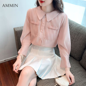 AMMIN Korean Style Womens Long Sleeve Pink Doll Collar Chiffon Shirt 2022 Fall New Fashion Elegant Design Chic Casual Office Professional Top