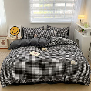 【Super low price】Japanese Style Blue Check Bedding Set 100% Polyester Soft Duvet Cover Set King Queen Plaid Bed Linen with Sheet and Pillowcases