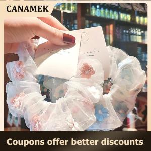 【 CANAMEK 】 New Organza Hair Rope Embroidery Flowers Forest System Scrunchies Ponytail Transparent Tulle Romantic Pink Blue Hair Accessories