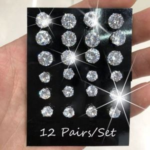 12 Pairs White Cubic Zirconia Earrings Set Men Women Round Diamond Stud Earrings Simple Fashion Jewelry